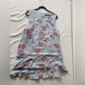 LAUREN RALPH LAUREN DRESS A-LINE CREPE TIERED SKIRT FLORAL LIGHT BLUE Size 16